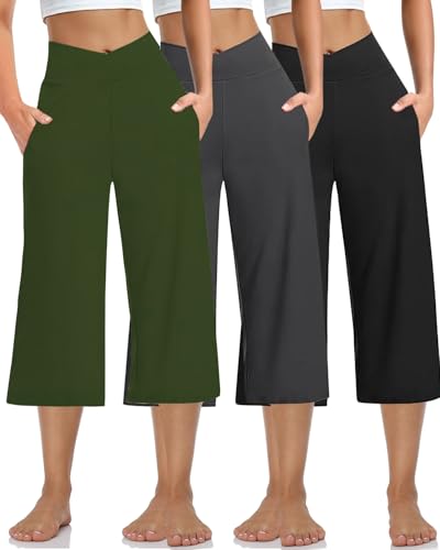 Image of Kivdol 3 Pack Womens Wide Leg Yoga Capris Crossover High Waist Casual Capri Pants Loose Soft Pajama Pockets Sweatpants