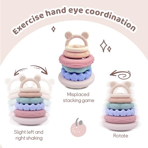 Image of Baby Silicone Stacking Toys,Soft Teething Bear Learning Toy for 6M+,Pink | Sensory Toys for Highchair,Bear Teether & Stacker Rings Toy,Baby Table Toys,Food Grade Silicon Toy,Baby Shower Gifts