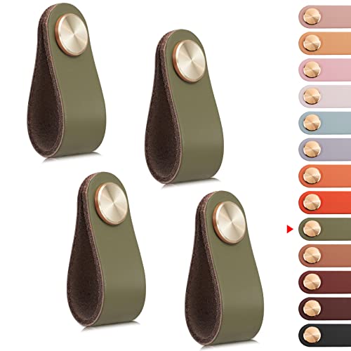 LEREATI 4 Stück Ledergriffe für Möbel, Schrankgriffe Grün Möbelgriffe Schubladengriff, Modernen Möbelknöpfe Schrank Kunstledergriff für Küchenschränke, Schränke, Tür, Wohnkultur (Einzelloch)