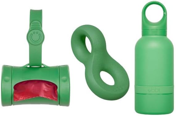 Ubbi Dog Park Bundle, Includes 1 Insulated Stainless Steel Water Bottle for Owner and Pet, Poop Bag Holder, and Natural Rubber Chew Toy, Green