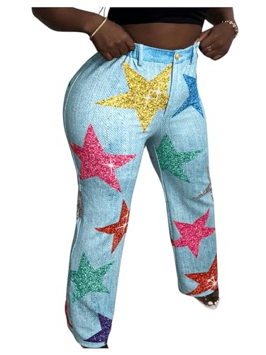 Floerns Women's High Waist Denim Straight Leg Clubwear Star Print Fake Jeans4