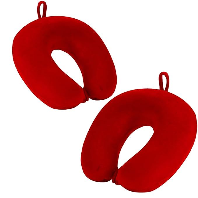 Silk Ergonomic Neck Pillow - 2-Pack Round Travel Cushions for Car & Airplane, Cervical Support for Improved Sleep, Neck Rest Accessories for Travel Comfort,Red