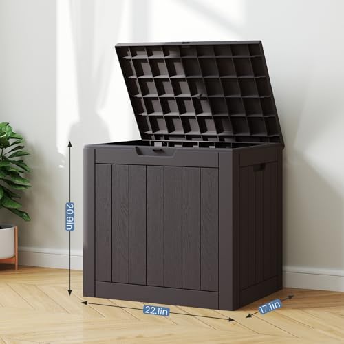 Image of DUMOS 31 Gallon Deck Box, Lockable Outside Storage Boxes for Outdoor Use, Outside Waterproof Resin Package Delivery Box for Backyard Patio Garden, Modern Brown