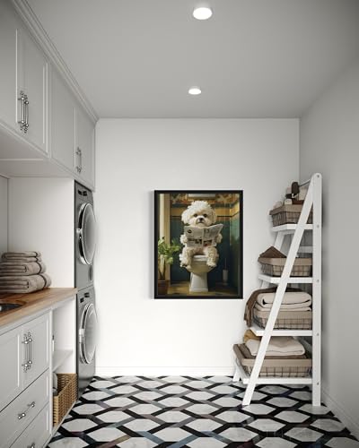 Image of Maltese on Toilet Black Framed Wall Art Print Poster, Dog Bathroom Humor Decor Posters Prints for Restroom Home Picture Painting Artwork Gallery 7 (Maltese, 18 x 24 inches, Black Frame)