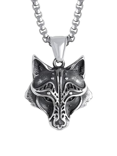 HAQUIL Wolf Necklace, Stainless Steel Viking Wolf Head Pendant, Box Chain, Animal Totem Jewelry Gift for Men