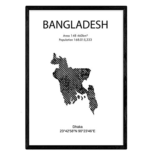 Nacnic Feuille carte de Bangladesh. Photos, impressions et affiches pour le salon, la chambre à coucher... Style nordique en noir et blanc. Poster de pays et continents. Format A3 sans cadre.