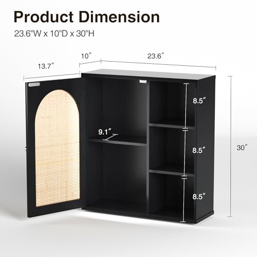 Image of Rattan Bathroom Wall Cabinet, Boho Medicine Wall Cabinets with Door and Adjustable Shelves, Tall Kitchen Wall Mounted Storage Cabinet, Floating Hanging Cabinet Space Saver for Laundry Room,Black