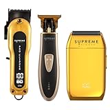 Supreme Trimmer 3-in-1 Barber Bundle | Pro Clipper, T-Shaper Trimmer & Crunch Foil Shaver | Professional Beard Trimmer Men’s Hair Clipper Kit | Gold