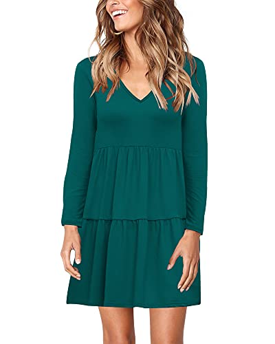 AUSELILY Vestido Mujer de Túnica de Manga Larga Cuello en V Mini Informal Volante Vestidos Holgada Acampanados
