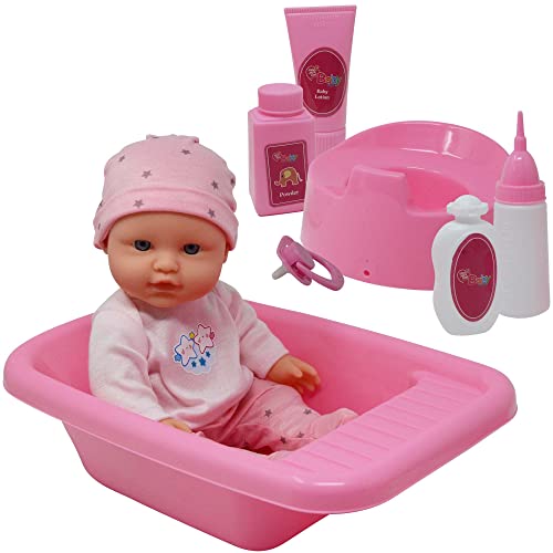 Baby Doll Bath Set with Bathtub & Playtime Accessories â Bath Time Playset for Kids, Girls, Toddler â Gift Pack with 12â Doll, Tub, Pretend Pacifier, Plastic Potty & More â 8pc Pink Play Kit Ages 3+â¦