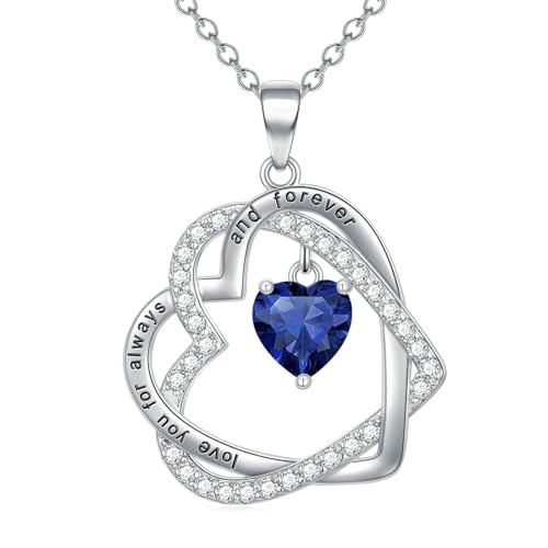 TOUPOP Heart Birthstone Pendant Necklace 925 Sterling Silver Double Heart Love Jewelry Birthday Christmas Gifts for Women Her Wife Girlfriend Mom