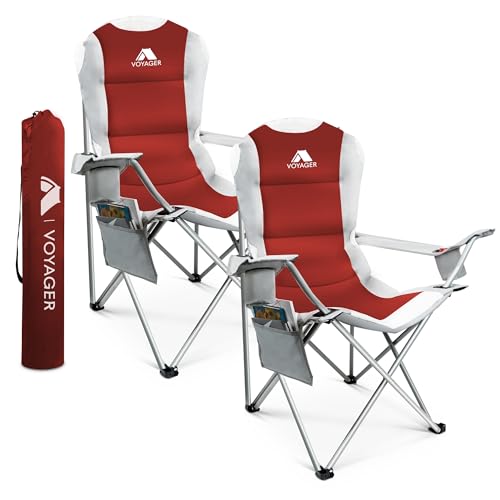 Voyager 2 Pack Outdoor Camping Chair Set,120kg Capacity, 3.3kg Per Chair, Waterproof Folding Chairs with Cup Holder & Side Pockets, Portable Chair for Garden, Fishing, Picnic Camping & Travel Comfort