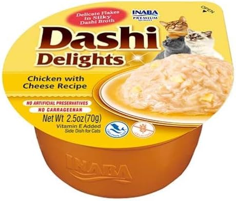 INABA Dashi Delights - Kawałki w bulionie z płatków bonitowych z kurczaka i serem - 1 x 70g - Pyszne i zdrowe - Topping - Bogate w białko - Naturalne składniki - Ciasto dla kotów