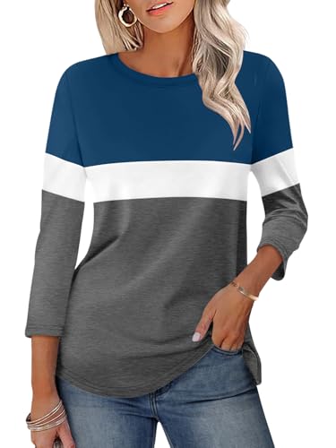 JDWZSI Women's 3/4 Sleeve Tops Color Block Crew Neck Shirts Summer Casual Tops Fashion Fall Outfits Clothes
