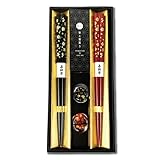 Terra Distribution Premium Japanese Chopsticks Reusable with Chopsticks Rest Set of 2 Pairs[ Made in Japan ] Traditional Lacquer Art Wooden Chopsticks (Gold Flower BK/RD(MK018)), Black