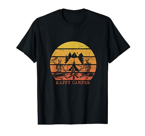 Disfraz retro de esqueleto de campista feliz al atardecer para acampar y Camiseta