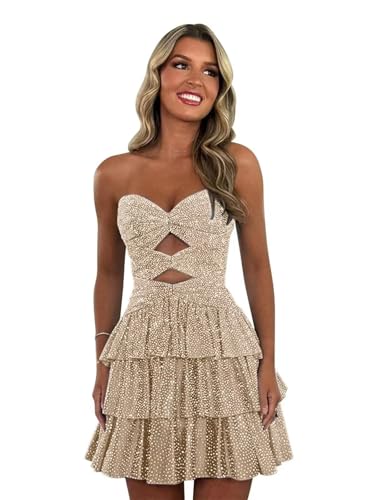Sparkly Sequins Homecoming Dresses for Teens Strapless Cut Out Tiered Cocktail Party Dress