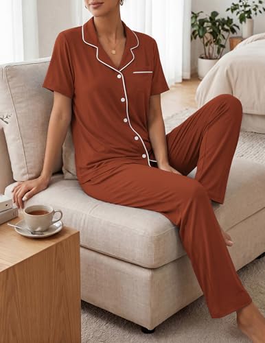 Image of ZMJ Womens Pajamas Sets 2 Piece Button Up Pj Sets Short Sleeve with Long Pant