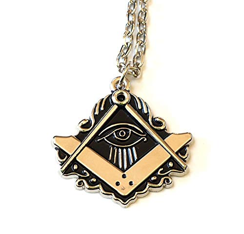 All Seeing Eye Square & Compass Masonic Necklace - [Silver & Black][2'' Wide]