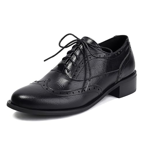 Women's Leather Wingtip Low Chunky Heel Oxfords Vintage Lace-Up Comfort Brogue Saddle Shoes Casual Breathable Business Dress Work Shoes