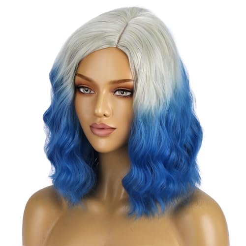 Image of BERON Women Platinum Ombre Blue Wigs Short Curly Wave Wigs Side Part Shoulder Length Wavy Heat Resistant Synthetic Wig Cosplay Costume Party and Daily