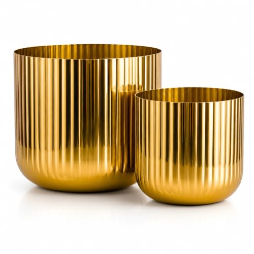 Image of ecofynd 2 Pack Metal Plant Pots (8 inch, 6.3 inch), Indoor Small Planter Flower Pots, Home Garden Decor Planter for Living Room Bedroom Interior (Gold Finish, POT047)