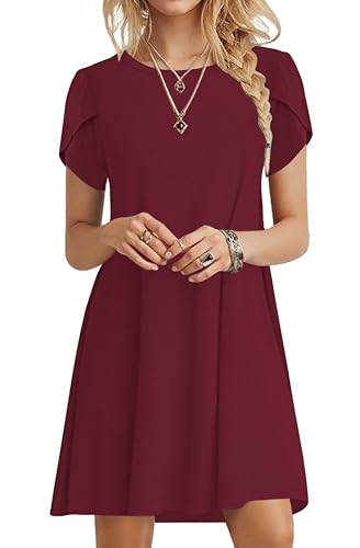PLOKNRD Summer Dresses for Women UK Elegant Petal Short Sleeve T-Shirt Dress Crew Neck Casual Loose Swing Holiday Beach Dress with Pockets(Burgundy,XL)
