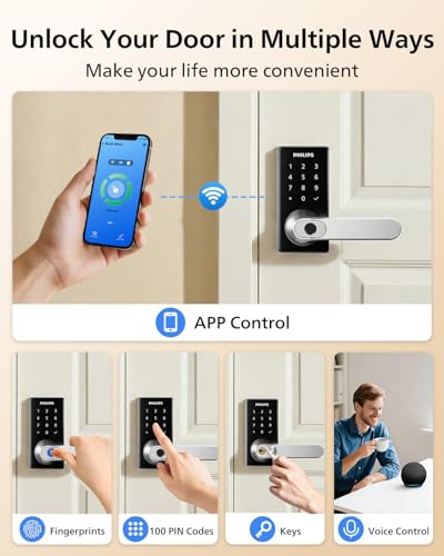 Image of Philips Wi-Fi Smart Door Lock with Handle, Keyless Entry Door Lock, Fingerprint Door Knob, App Remote Control, Auto-Lock, Keypad Deadbolt with Lever for Front Door and Bedrooms, Security Easy Install