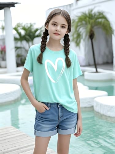 Image of Girls Short Sleeve Tee Shirts Kids Summer Crewneck Tops 5-14 Years | Soft lightweight kids heart graphic print basic tshirts for daily, sports, school, party & outdoor activities