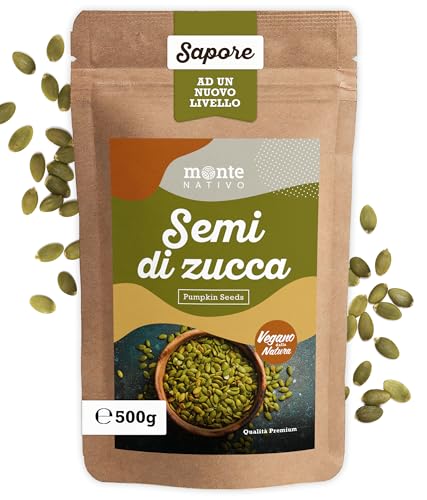 Semi di zucca crudi Monte Nativo (500g) - Semi di zucca crudi aromatici e gustosi ideali per cucinare zuppe e salse - Semi di zucca come spuntino sano - Pumpkin Seeds