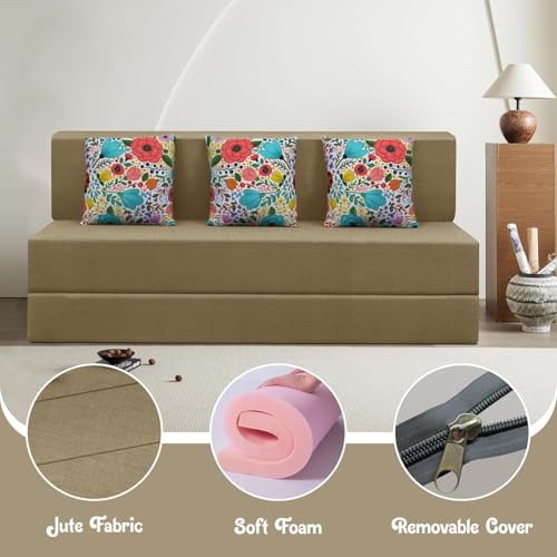 Image of Rosebell-5x6-Feet Modern Sofa Bed, Space-Saving Folding Couch with Jute Fabric, Dual Floral Accent Cushions, Compact Sleeper Sofa for Living Room, Guest Room & Small Apartments-Golden