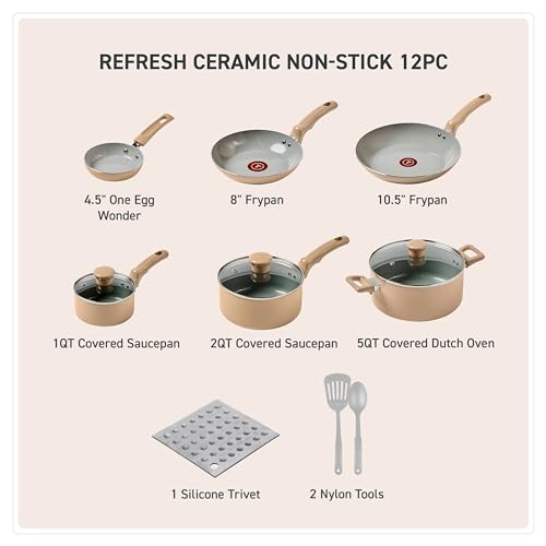 Image of T-Fal Refresh Ceramic Nonstick Cookware Set, 12-Piece, Oven Safe to 350F, Includes Stockpot, Griddle, Frying Pans, Utensils, Ceramic Pots and Pans Set, Sand Beige