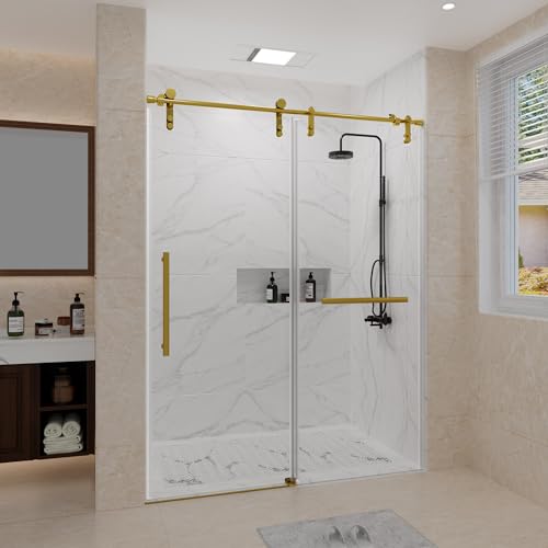Trumbeak 56-60' W x 76' H Frameless Shower Door,Sliding Shower Door with 5/16'(8mm) Clear SGCC Tempered Glass,Glass Shower Door w/Seal Strip Parts and Handle,Stainless Steel Hardware,Gold