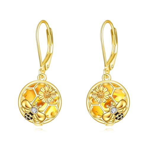 Image of LUHE Bee Earrings for Women 925 Sterling Silver Bumble Earrings with Honeycomb Honeybee Jewelry Dangle Gifts for Women