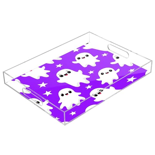 BOESI Graffiti Cute Ghost Acrylic Decorative Dining Tray, Acrylic Decorative Tray Organizer with Handle for Kitchen, Dining Room, Bathroom, Dresser