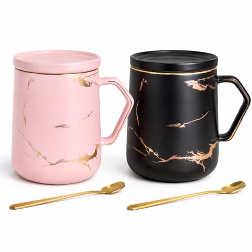 Image of SUBLIX Marble Effect Coffee Mug Set with Lid & Gold Spoon – Black & White Ceramic Cups, 350ml, Luxury Tea Mug Gift Set for Couples (2, Black and Pink)