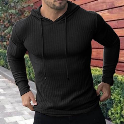 Ribbed Knit Sweatshirt Men Casual Loose Long Sleeve Pullover Solid Color Early Fall Sweater Basic Thermal Hooded Tops2
