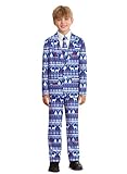 IIMMER Christmas Little Boys Warm Funny 3 Piece Ugly Suit Xmas Nordic Holiday Sweater with Jacket Pants & Tie Blue 6 Years