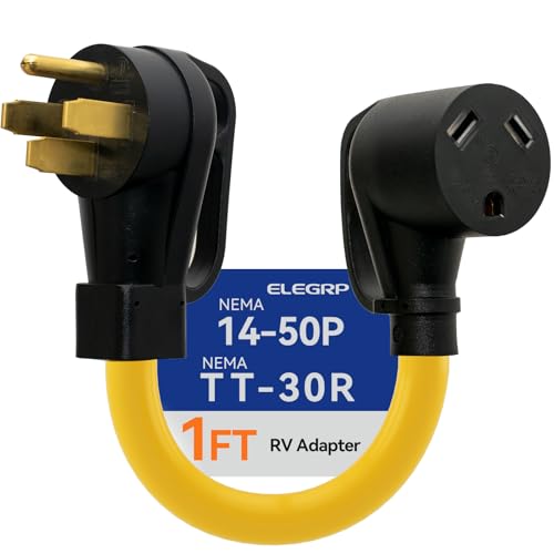 ELEGRP 50 Amp to 30 Amp RV Adapter Cord NEMA 14-50P Male to TT-30R Female 12 Heavy Duty Dogbone Electrical Converter for Travel Trailer Camper STW 10/3 AWG with Grip Handles UL Standard Compliant