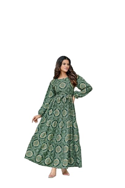 Green Crepe Fabric no Transparency Umbrella Pattern Bandhani Print Bishop Sleeves with Elastic Cuffs Gown-image-35