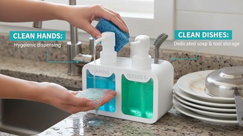 Image of Kitchen Sink Soap Dispenser Set - Dual Pump for Hand & Dish Soap, Sponge & Brush Holder, Refillable Sink Organizer (White)