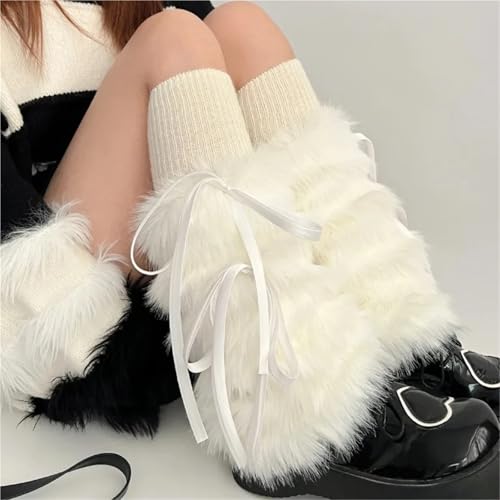 Calentadores de piernas peludos para mujer calcetines blancos de invierno con tiras XUMKFJRE 6