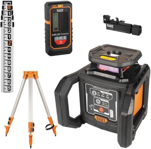 Klein Tools 93RLS Green Self-Leveling Rotary Laser Level Kit, Horizontal/Vertical with Plumb Spot, 1150-Foot Range, Rechargeable, Tripod, Detector, 9-Foot Grade Rod, Carrying Case, ≤ 5mW Class 3R
