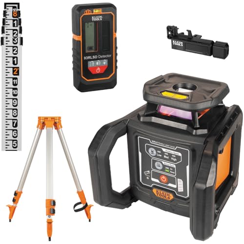 Klein Tools 93RLS Green Self-Leveling Rotary Laser Level Kit, Horizontal/Vertical with Plumb Spot, 1150-Foot Range, Rechargeable, Tripod, Detector, 9-Foot Grade Rod, Carrying Case, ≤ 5mW Class 3R