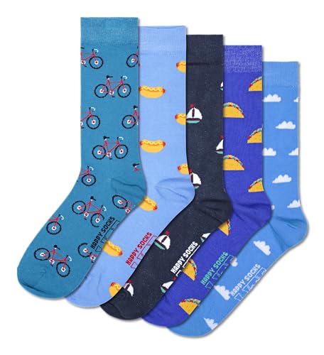 Happy Socks Basics Collection-Blue Crew Socks 5-Pack for Men and Women-Size Medium/Large