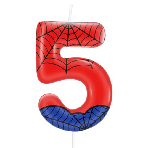 iNINGER Red Blue Number 5 Birthday Candle,Spider Theme Number 5 Candle Cake Topper Decorations for Spider Cartoon Themed Parties,Boys Girls Kids Birthday Party Supplies