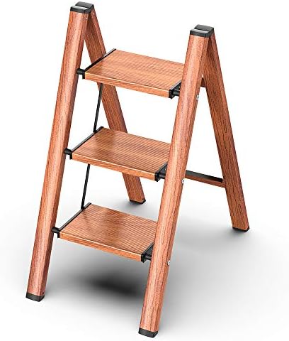 3 Step Ladder Folding Step Stool with Anti-Slip Sturdy and Wide Pedal, Woodgrain, Aluminum Portable Lightweight Ladder Shelf Multi-Use for Home and Kitchen, 330 lbs