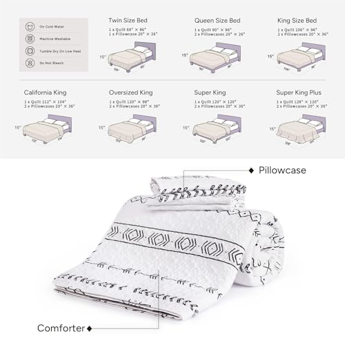 Image of Andency White Oversized Super King Quilt Set, 3 Pieces Boho Lightweight Soft Striped Bedspread for All Season (120 inchx120 inch), Printed Bohemian Polyester Reversible Coverlet Comforter Sets