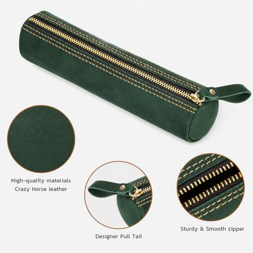 Image of ECHSRT Vintage Leather Pencil Case for Men & Women | Classic Cylinder Pen Holder | Genuine Crazy Horse Leather Pouch | Full-Grain Cowhide Organizer for Work, College, Travel (Green)