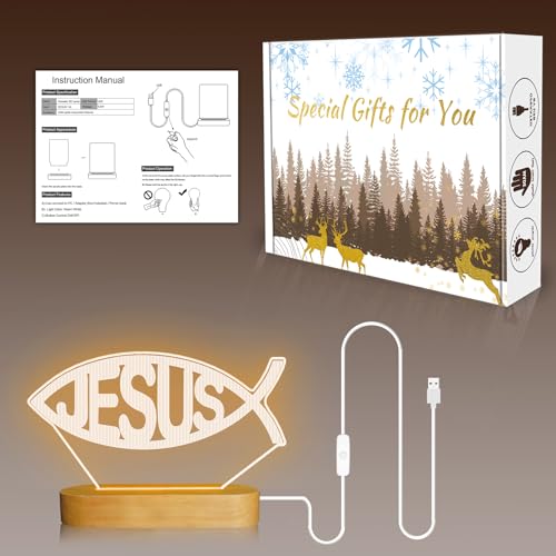 Image of Attivolife Jesus Fish Shape 3D Night Light, LED Wooden Illusion Optical Warm Color Table Lamp, Best Room Decoration Birthday Christmas Religious Christian Mothers Day Gifts for Women Man Friend
